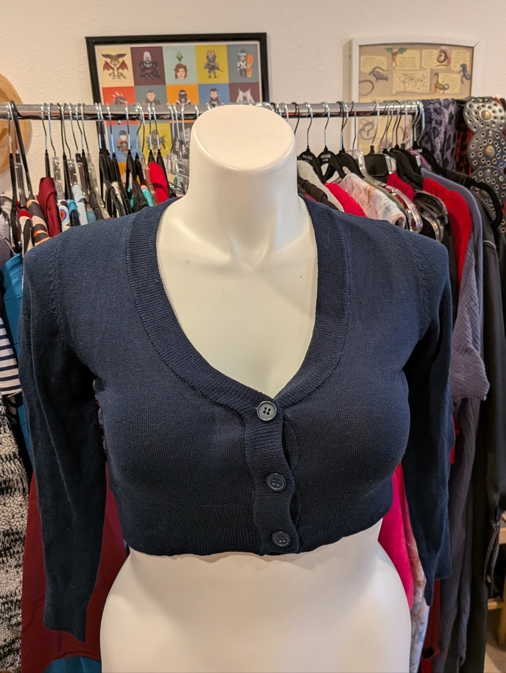 Navy Cropped Button-Front Women's Sweater - L